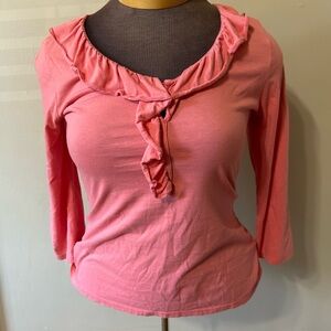 Garnet Hill Blouse Top Ruffle V-Neck Pima Cotton Size Small Career Office Causal